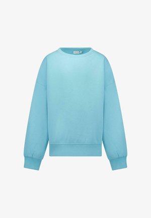 Lichtblauwe sweater gemaakt van zachte, gestructureerde stof, met een ronde hals, verlaagde schouders en geribbelde manchetten en zoom.