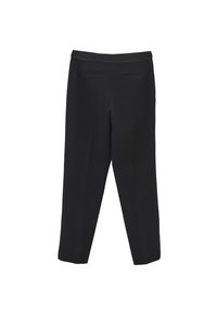 Pantalones negros ajustados con pierna recta, que cuentan con una textura suave, dos bolsillos traseros y una cinturilla ancha.