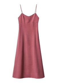 Ein ärmelloses, A-linienförmiges Kleid in staubigem Rosaton, mit dünnen Trägern und einem glatten, strukturierten Stoff. Es hat ein tailliertes Oberteil und einen ausgestellten Rock.
