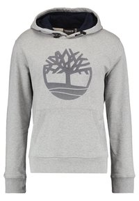 Felpa grigia con cappuccio blu, caratterizzata da un logo di un albero nero sul davanti, tasca a marsupio e polsini e orlo a costine.