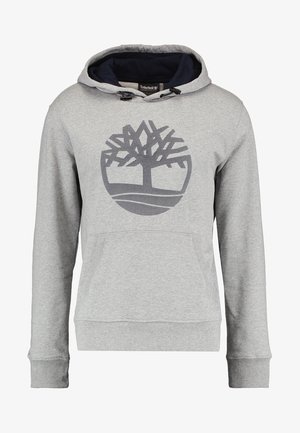 Felpa grigia con cappuccio blu, caratterizzata da un logo di un albero nero sul davanti, tasca a marsupio e polsini e orlo a costine.