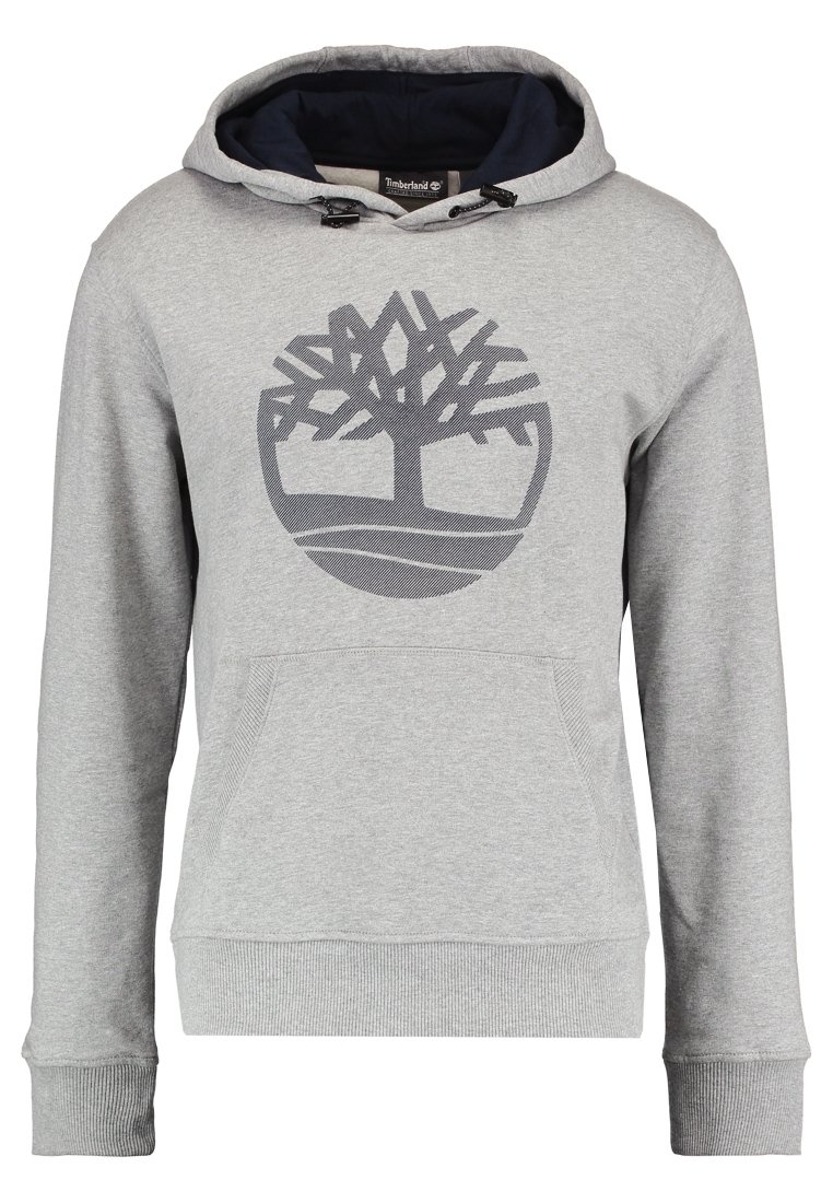 Felpa grigia con cappuccio blu, caratterizzata da un logo di un albero nero sul davanti, tasca a marsupio e polsini e orlo a costine.