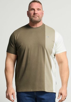 Mand med skæg iført en kortærmet t-shirt med farveblokke i olivengrøn, beige og hvid, stående mod en ensfarvet lys baggrund.
