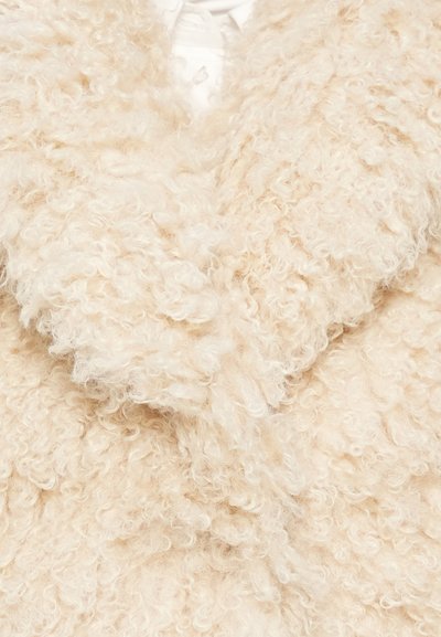 Cappotto in shearling beige con una superficie testurizzata e riccia. Presenta un ampio colletto e tessuto sovrapposto per un aspetto accogliente.