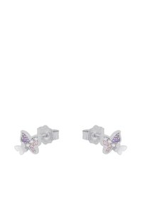 Orecchini a perno in argento sterling a forma di farfalla, decorati con cristalli colorati nei toni del rosa e del viola, con una finitura liscia e una piccola forma di farfalla.