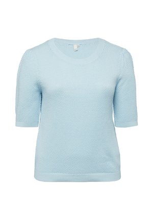 Hellblauer kurzärmeliger Strickpullover mit strukturiertem Muster, rundem Ausschnitt sowie gerippten Bündchen an Ärmeln und Saum.