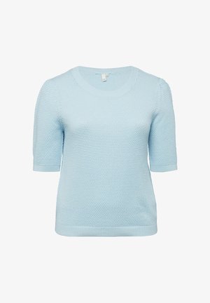 Hellblauer kurzärmeliger Strickpullover mit strukturiertem Muster, rundem Ausschnitt sowie gerippten Bündchen an Ärmeln und Saum.