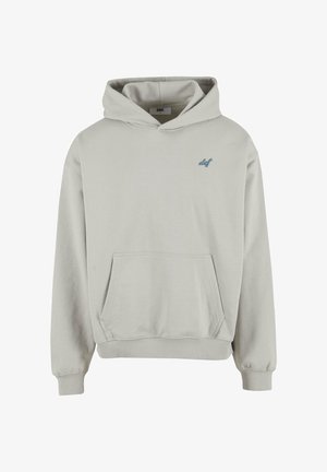 Gaiši pelēka kapuce, izgatavota no mīksta auduma, ar priekšējo kabatu, ribotām piedurknēm un nelielu zilu logotipu uz krūšu daļas.