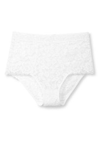 Witte kanten boyshort onderbroek met bloemmotief, elastische tailleband en golvende randen voor een zachte textuur en een vrouwelijke uitstraling.