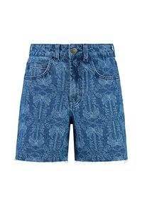 Shorts en denim bleu foncé avec un imprimé paisley bleu clair, taille haute et ourlet effiloché. Comprend des poches avant et une fermeture à bouton en métal.