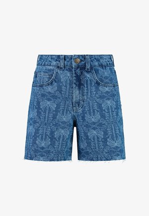 Tumed sinised teksashortsid, millel on helesinine paisleemuster, kõrge vöökoht ja narmendava servaga. Kinnitatud esikülgedel on taskud ja metallist nööpkinnitus.