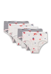 Pack mit vier Kinderunterhosen. Enthält zwei mit Erdbeermotiven und zwei mit marineblauen Streifen, gefertigt aus weicher Baumwolle mit elastischen Bund.