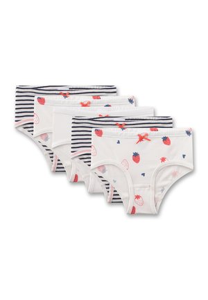 Pack mit vier Kinderunterhosen. Enthält zwei mit Erdbeermotiven und zwei mit marineblauen Streifen, gefertigt aus weicher Baumwolle mit elastischen Bund.