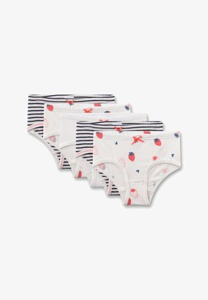 Pack mit vier Kinderunterhosen. Enthält zwei mit Erdbeermotiven und zwei mit marineblauen Streifen, gefertigt aus weicher Baumwolle mit elastischen Bund.