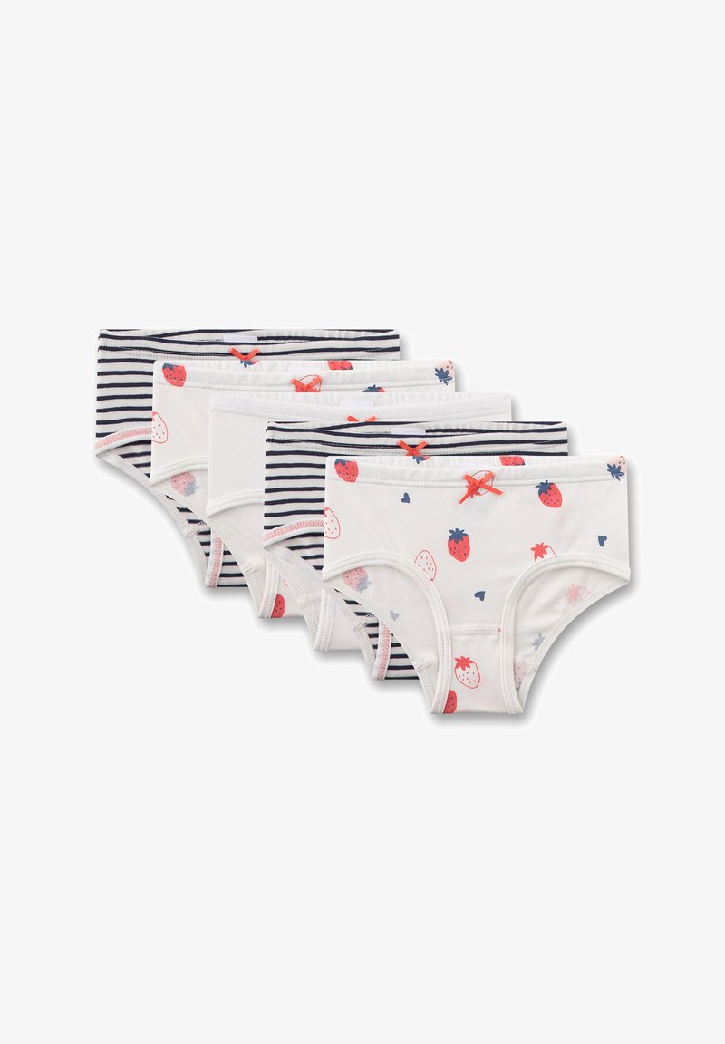 Pack mit vier Kinderunterhosen. Enthält zwei mit Erdbeermotiven und zwei mit marineblauen Streifen, gefertigt aus weicher Baumwolle mit elastischen Bund.