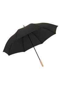 Schwarzer Regenschirm mit einem gebogenen Holzgriff, ausgestattet mit einem klassischen Dachdesign, glatter Textur und einem stabilen schwarzen Metallrahmen.