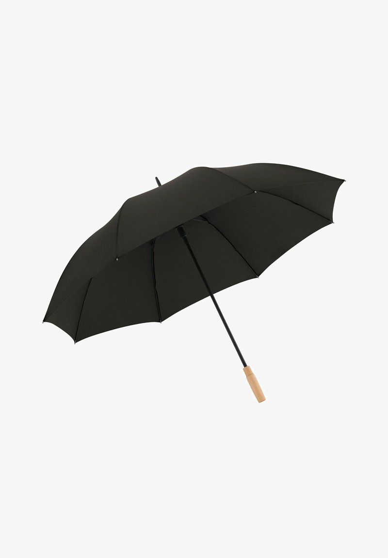 Schwarzer Regenschirm mit einem gebogenen Holzgriff, ausgestattet mit einem klassischen Dachdesign, glatter Textur und einem stabilen schwarzen Metallrahmen.