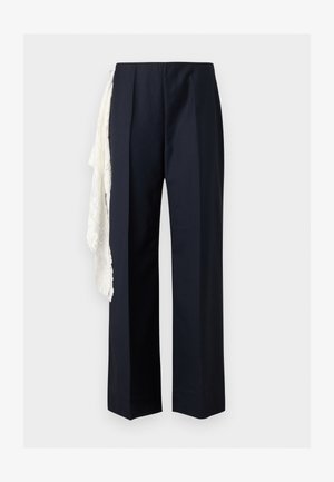 Black straight-leg trousers with a high waist, featuring a white lace scarf accessory hanging from the left side.