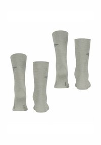 Kniehohe graue Socken aus einem weichen, strukturierten Stoff. Sie verfügen über Rippdetails und subtile Druckakzente an den Seiten.