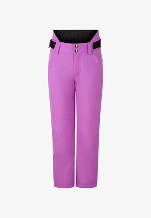 Purple ski pants with a waterproof fabric, featuring two side pockets, adjustable waist straps, and reinforced knee patches.
