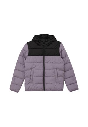 Puffermantel mit Kapuze, vom lila unteren Teil und dem schwarzen oberen Abschnitt. Er hat einen Reißverschluss vorne und zwei Seitentaschen. Strukturiertes gestepptes Design.