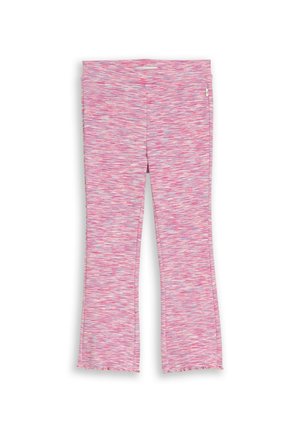 Roze-witte gemarmerde gebreide peuterbroek met een brede tailleband en licht uitlopende pijpen, plat gelegd op een witte achtergrond.