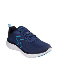 Zapatilla de running en color navy con una parte superior de malla transpirable, acentos en azul y una suela blanca acolchada. Presenta cordones y una lengüeta en el talón.