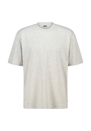 Camiseta de algodón gris claro con mangas cortas, escote redondo y un corte relajado. Textura sutil con una superficie suave y sin patrones visibles.