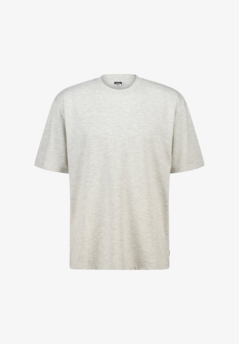 Light gray cotton t-shirt with short sleeves, round neckline, and a relaxed fit. Subtle texture with a smooth surface and no visible patterns.