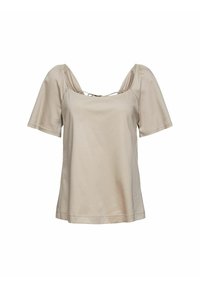 Blouse femme beige clair à manches courtes avec épaules froncées et encolure carrée nouée avec de fines bretelles.