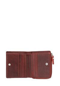 Red leather wallet with multiple card slots, a zippered compartment, and snap closure. Smooth texture with subtle stitching details.