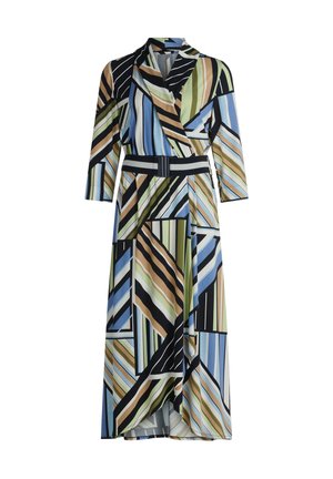 Robe multicolore présentant un motif géométrique avec des rayures en bleu, vert, marron et noir. Elle a des manches longues et une taille ceinturée.