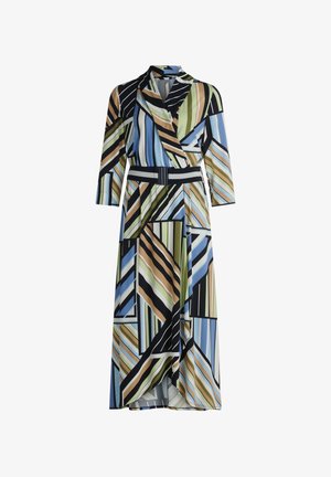 Buntes Kleid mit einem geometrischen Muster aus Streifen in Blau, Grün, Braun und Schwarz. Es hat lange Ärmel und eine taillierte Passform mit Gürtel.