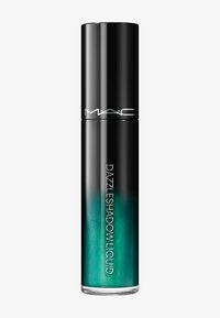 Czarny aplikator cieni do powiek w płynie MAC Dazzleshadow Liquid w świecącym odcieniu turkusu z pionowym srebrnym nadrukiem na białym tle.