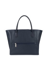 Borsa a mano in pelle blu navy con due manici robusti, dotata di una tasca frontale con zip e superficie testurizzata. Design strutturato, interno spazioso.
