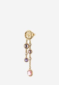 Orecchini pendenti in tono oro, con gemme circolari nei colori viola, rosa e trasparente, dettagliati con un design a catena.