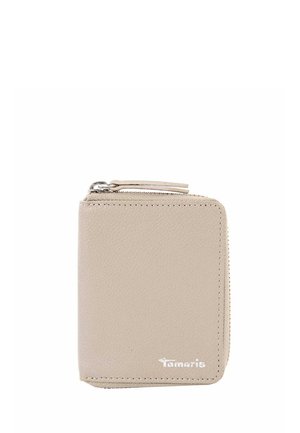 Beige Leder-Geldbörse mit Reißverschluss rundum, sichtbarem silbernem Reißverschluss und weißem "Tamaris"-Logo in der unteren rechten Ecke.