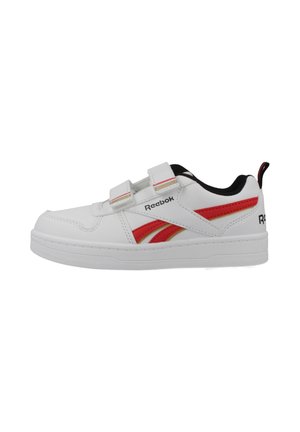 Sneaker bianca Reebok con strisce rosse e dorate, due cinturini in velcro, fodera interna nera e una linguetta sul tallone.