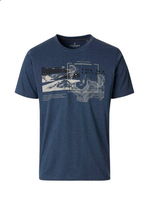 Marineblaues Baumwoll-T-Shirt mit einem grafischen Druck einer Landschaft und Navigationsdetails in Weiß, mit kurzen Ärmeln und Rundhalsausschnitt.