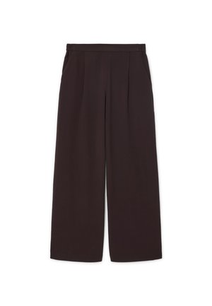 Dark brown wide-leg pants made of lightweight fabric, featuring a high waist, pleats, and two side pockets, with an elastic waistband.