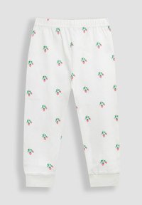 Leggings bianchi con una vita elasticizzata e un motivo di fragole sparse in rosa e verde. Le fascette alla caviglia completano il design.