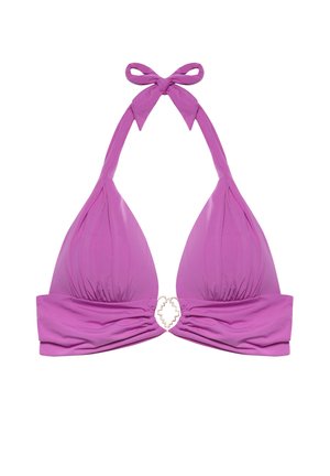Purple halter bikini top with ruched cups, a central decorative gold-tone clasp, and a tie closure at the neck.