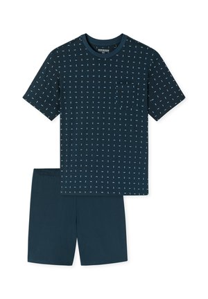Donkerblauw katoenen pyjama-set bestaande uit een shirt met korte mouwen met een lichtblauw geometrisch patroon en een bijpassende korte broek met een elastische tailleband.