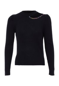 Pulover negru cu maneci lungi, cu un guler rotund, având aplicații colorate peste umărul stâng și cusături puff la umeri.