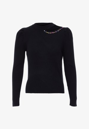 Black ribbed long-sleeve sweater with a round neckline, featuring colorful embellishments across the left shoulder and puffed shoulder seams.