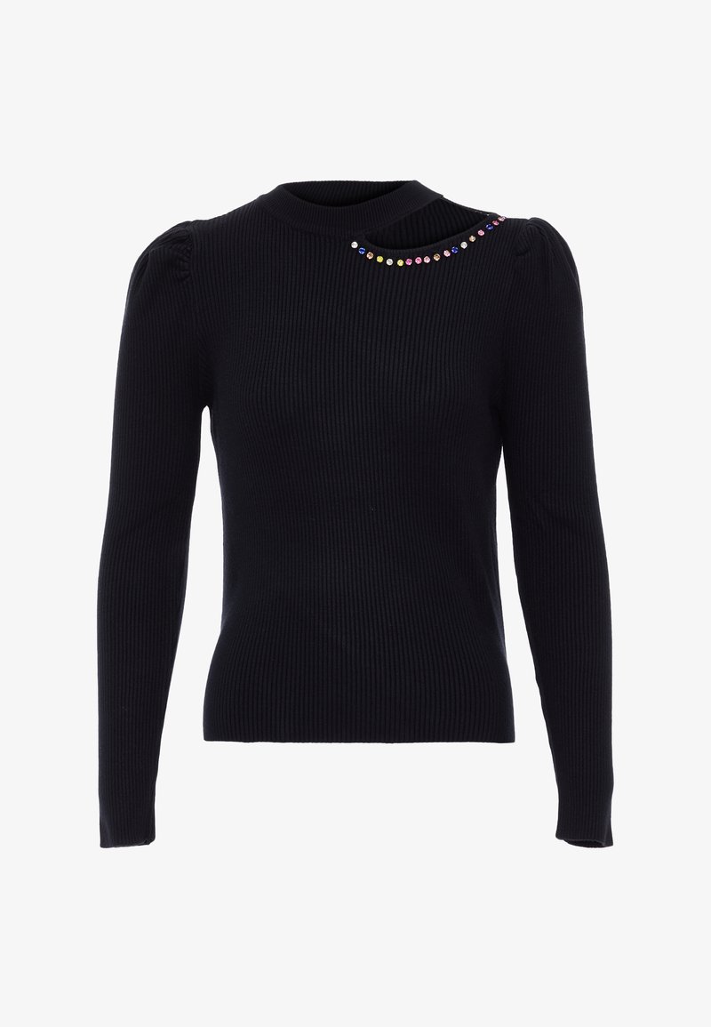 Pulover negru cu maneci lungi, cu un guler rotund, având aplicații colorate peste umărul stâng și cusături puff la umeri.