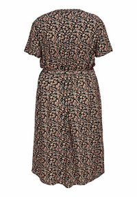 Black floral dress featuring a loose fit, short sleeves, an elastic waist, and a pattern of small pink and blue flowers.