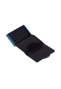 Folded black leather wallet open, showing multiple compartments and a blue card partially visible on the left side.