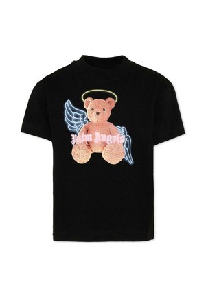 Zwart T-shirt met een teddybeerafbeelding voorzien van een gele halo, blauwe engelenvleugels en de tekst "Palm Angels" over de beer.