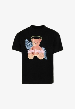 Czarna koszulka z grafiką misia z żółtą aureolą, niebieskimi skrzydłami anioła i napisem "Palm Angels" na misiu.